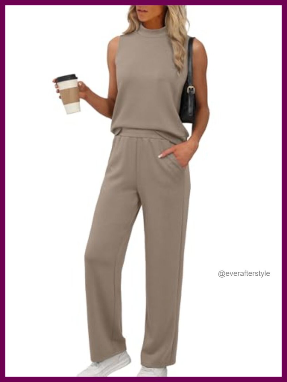 Two Piece Set Womens Faux Collar Top Wide Leg Pants Lounge Travel
